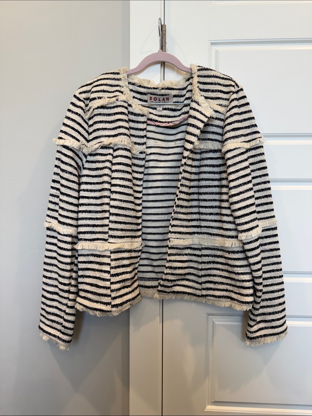 dolan Black and White Striped Fringe Open Jacket